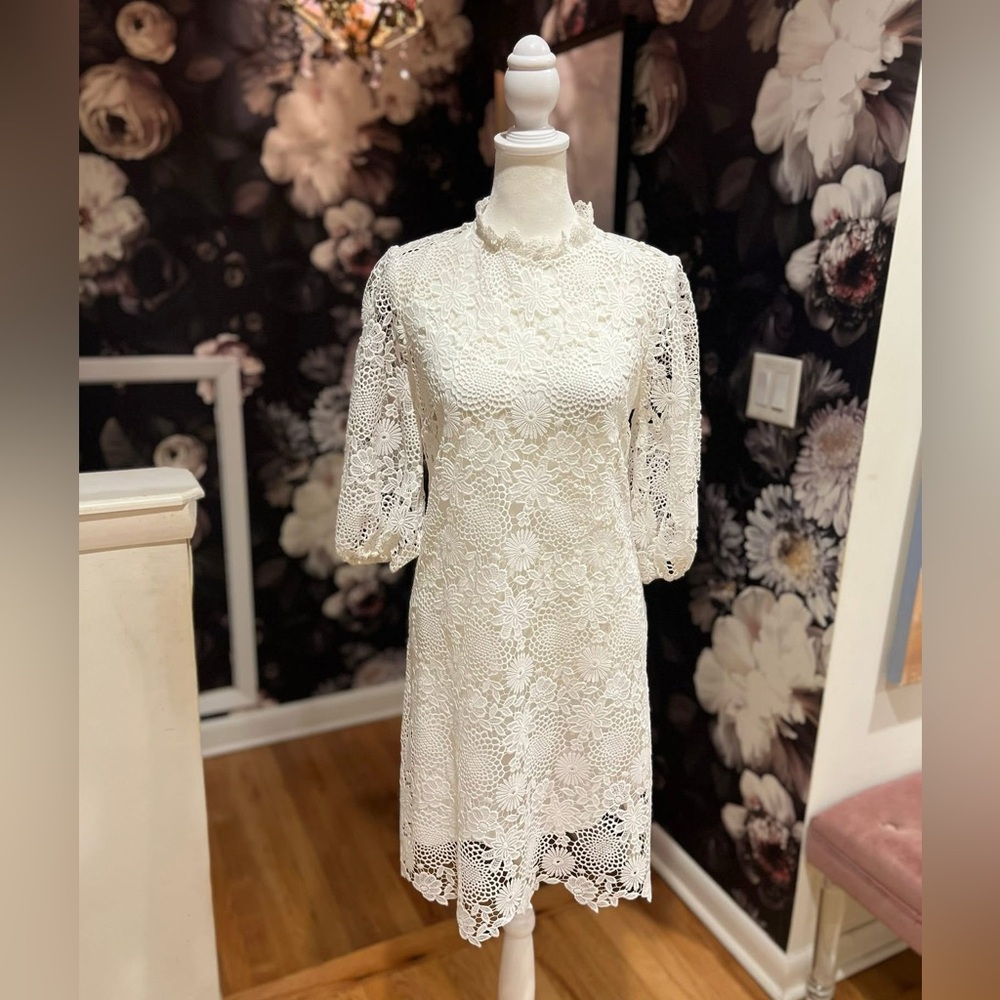 Johnny Was White Sheath Lorrie Dress with Bishop Sleeves